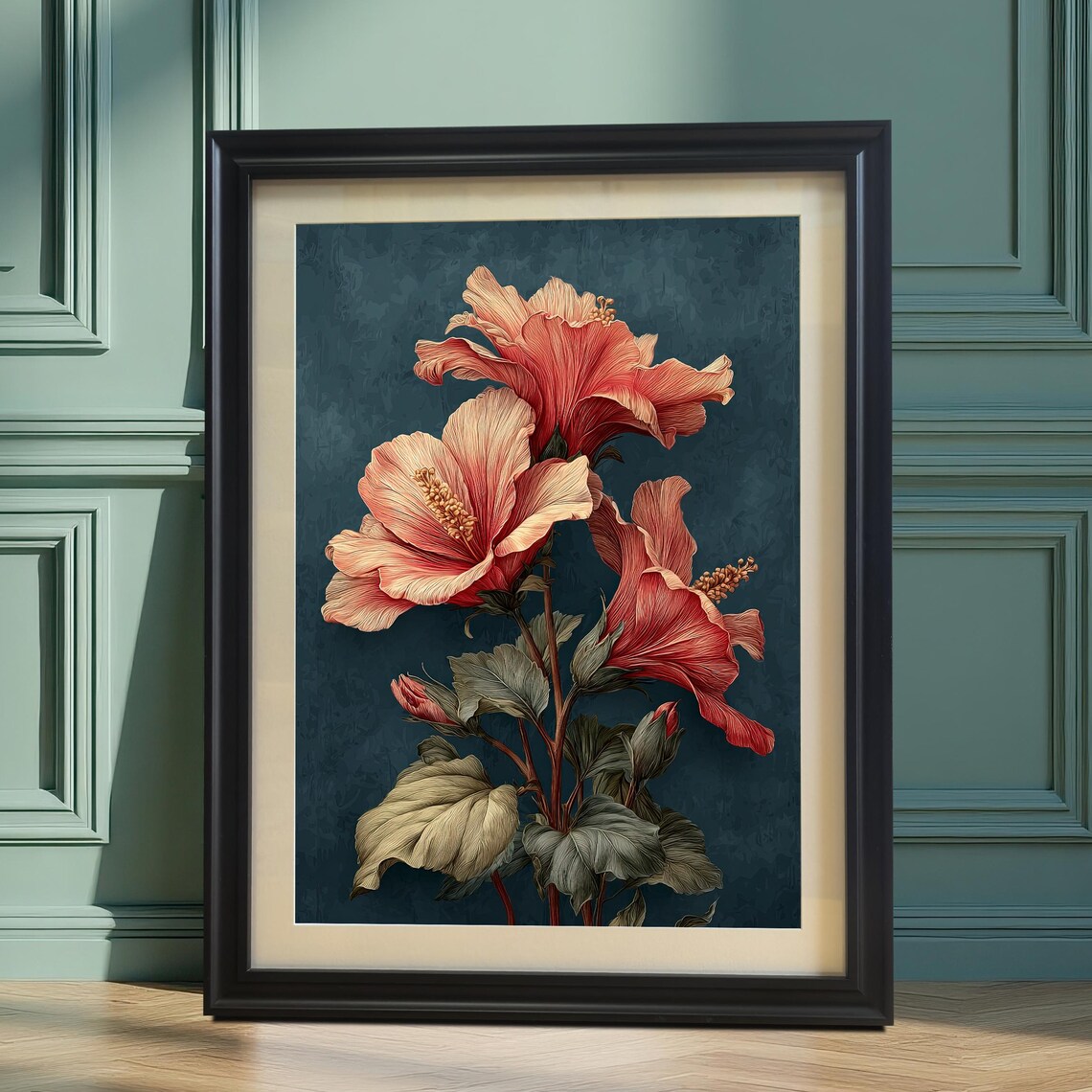 Vintage Hibiscus Flower Art Print Wood Framed Wall Decor Botanical Giclee Poster