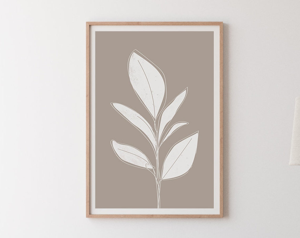 White Botanical Branch Taupe Background Minimal Leaf Wall Print - Image 3