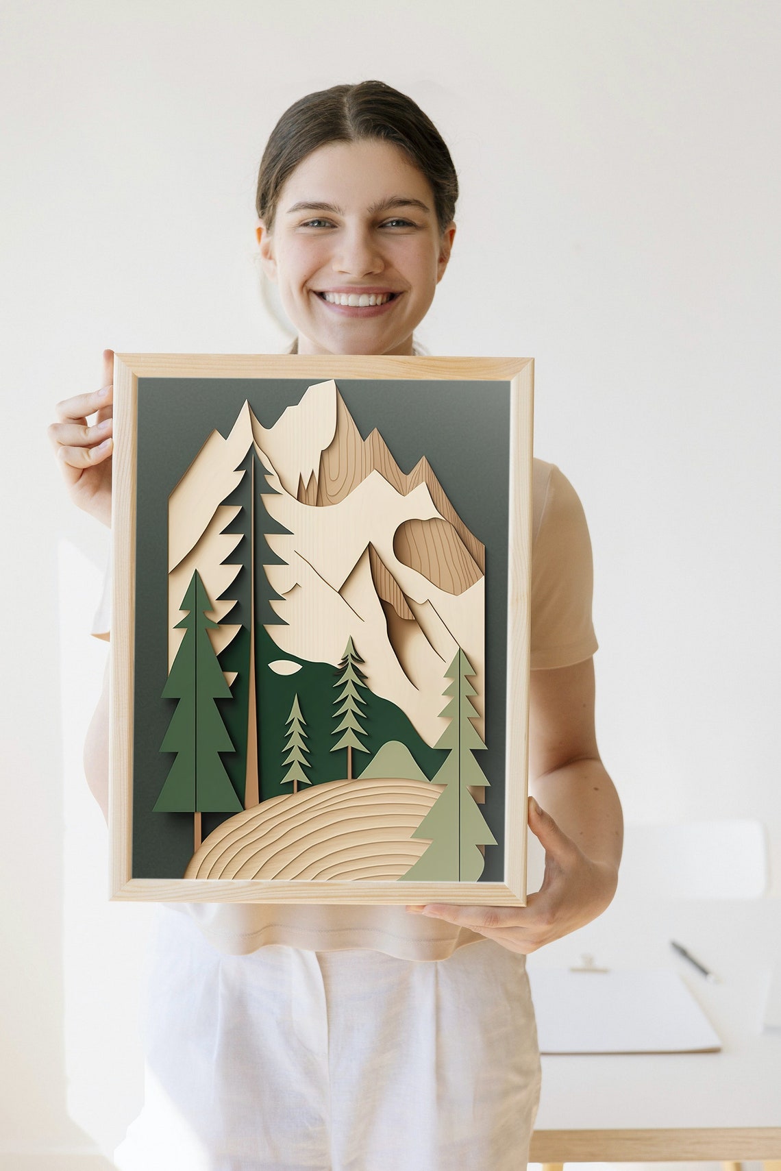 Layered Wood Style Mountain Pines Rustic Modern Nature Poster - Image 3