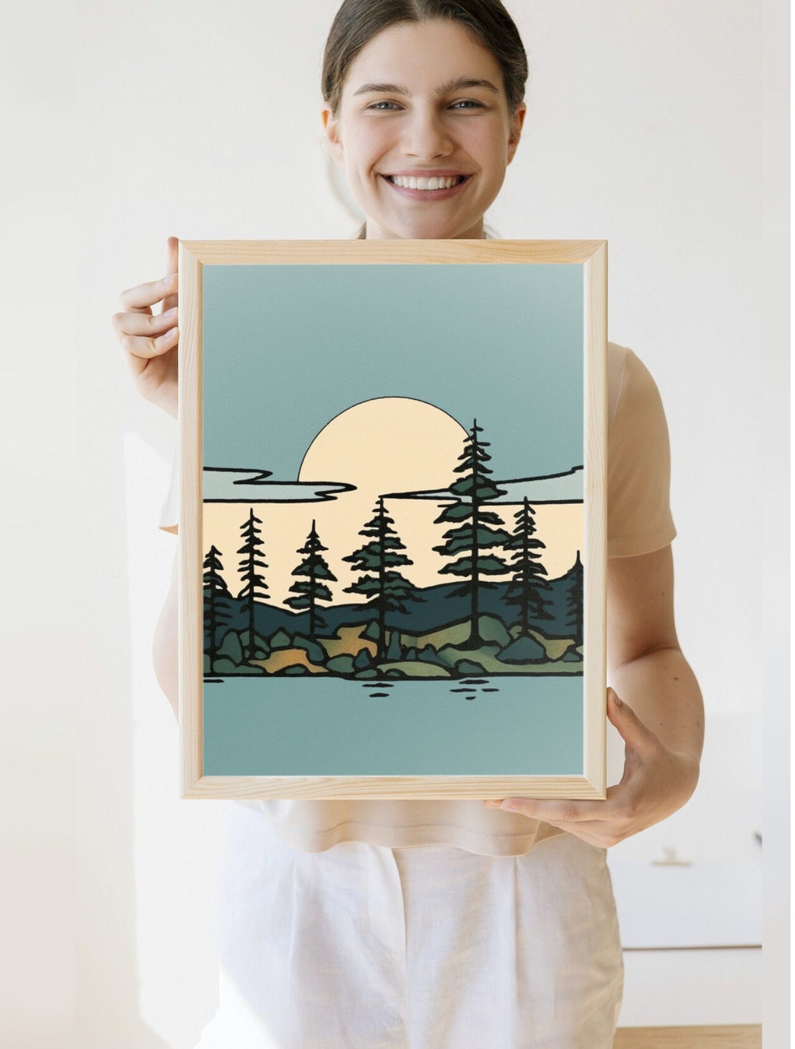 Minnesota Lake Sunset Retro Line Art Vintage Cabin Lodge Decor Print