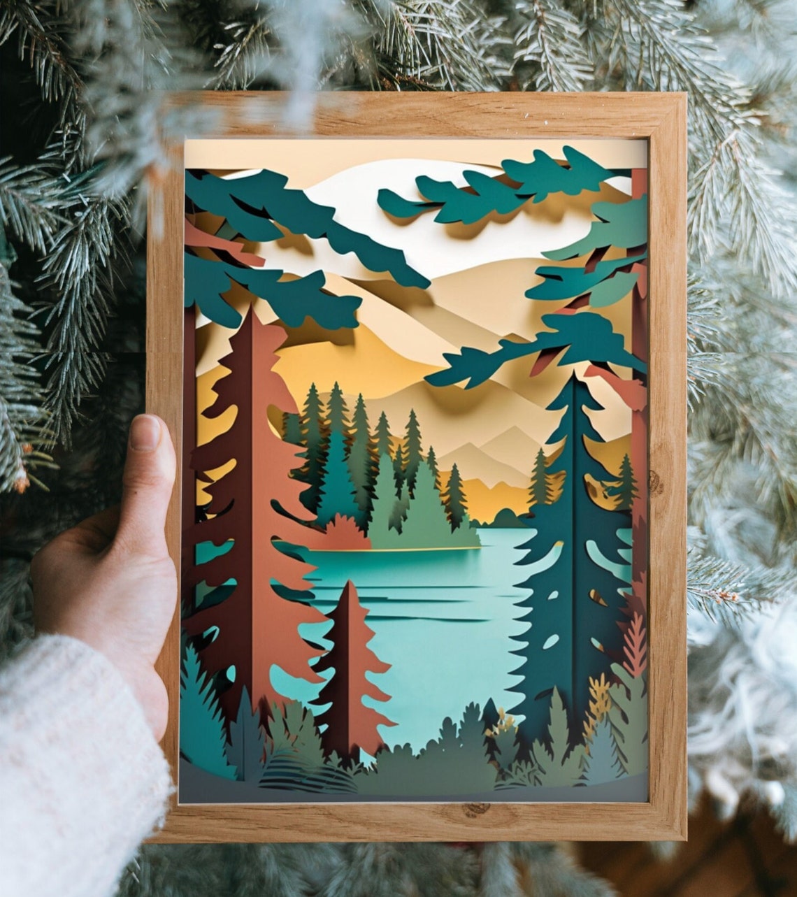 Layered Paper Cut Forest Lake Mountain Sunset Landscape Art Poster - Image 3