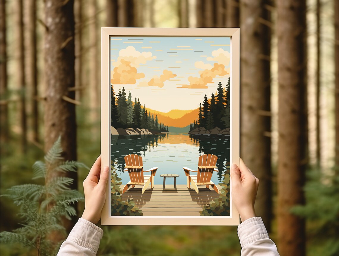 Sunset Adirondack Chairs Vintage Lake House Art Print