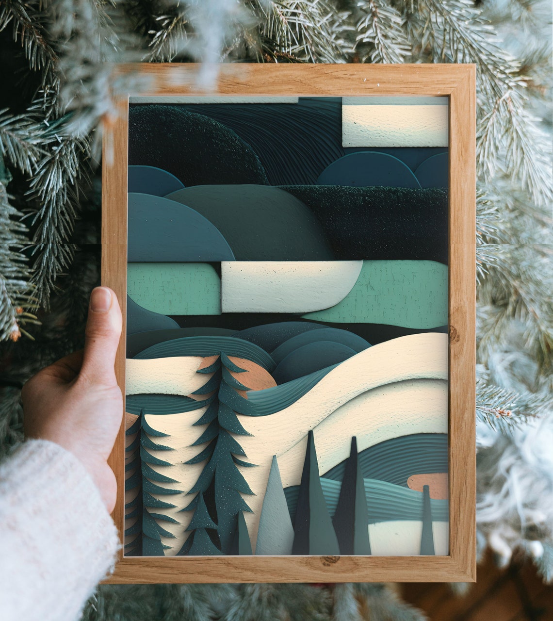 Abstract Night Pine Forest Stars Teal Layered Modern Art Poster - Image 3
