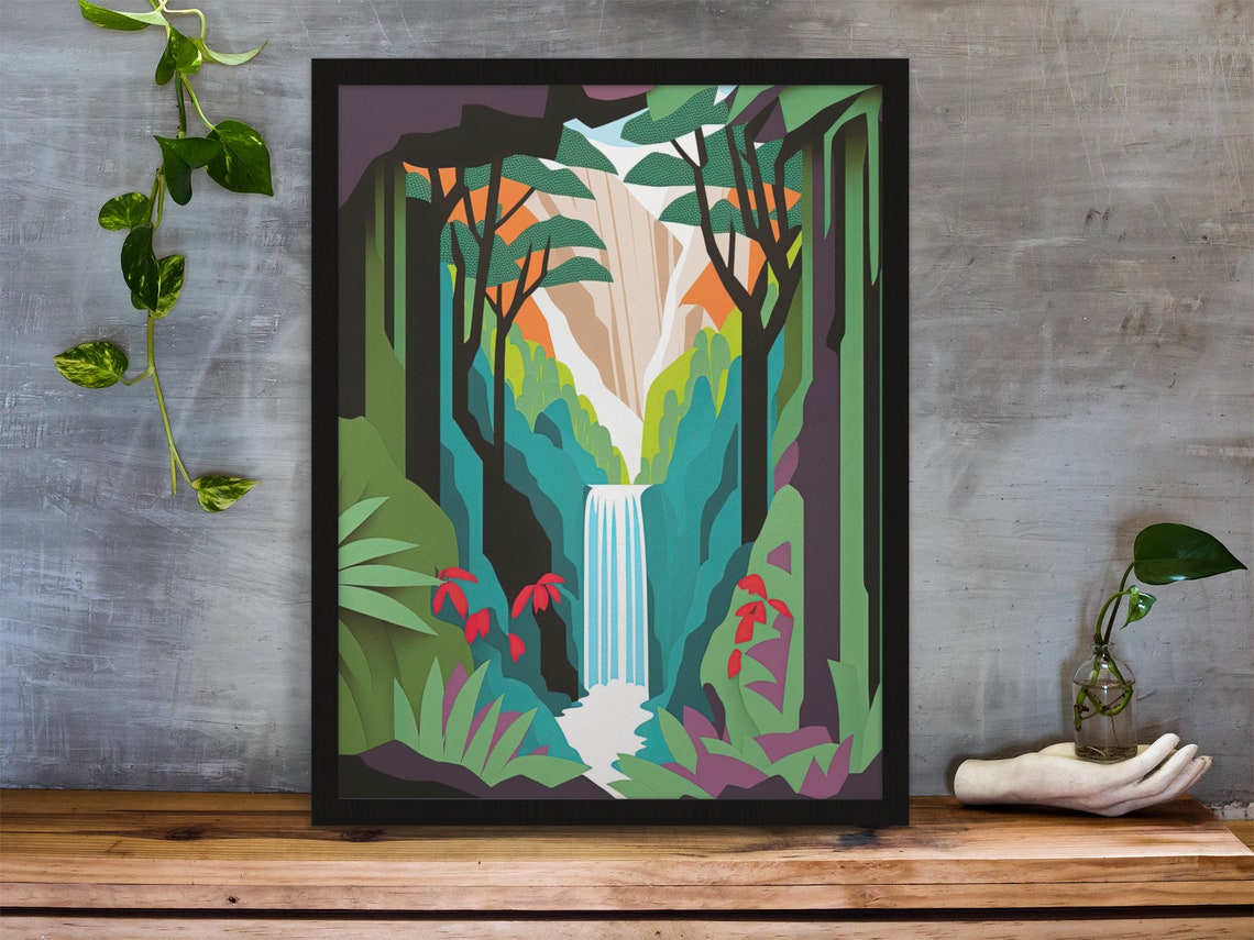 Tropical Waterfall Jungle Geometric Modern Botanical Art Poster
