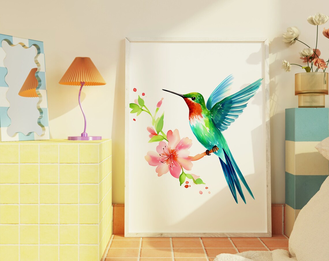 Hummingbird Bird Painting Floral Wall Art Print - Image 2