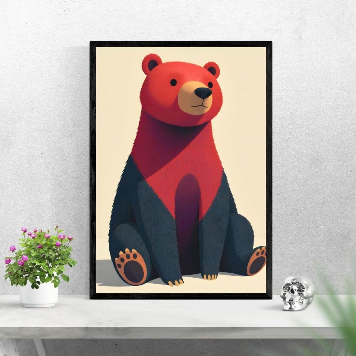 Cute Red and Black Bear Nursery Print Adorable Cartoon Bear Room Decor