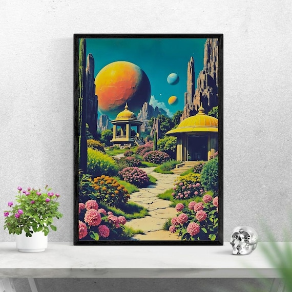 Fantasy Alien Garden With Golden Pavilions Under A Giant Orange Planet Poster