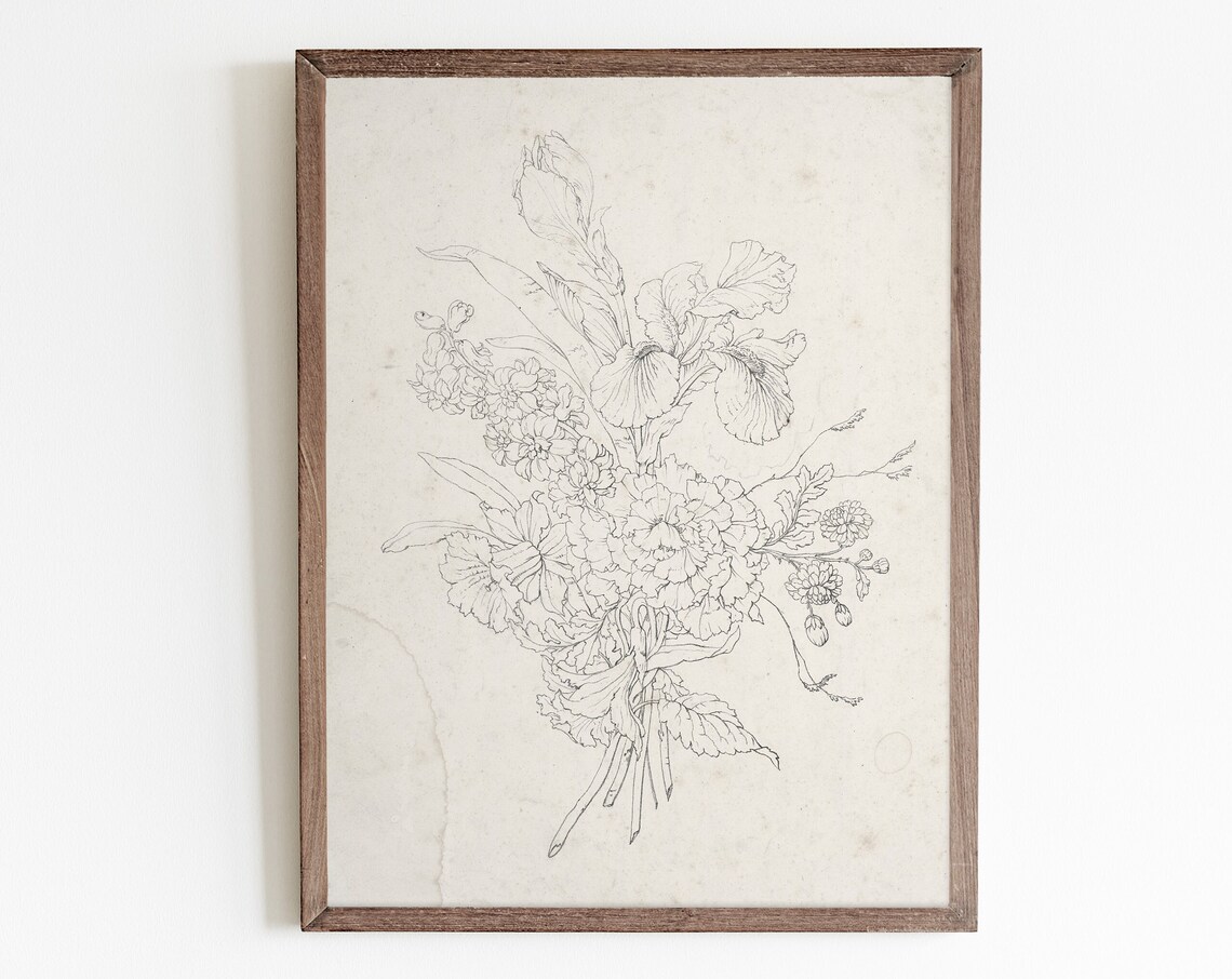 Vintage Bouquet Sketch, Antique Floral Art Print