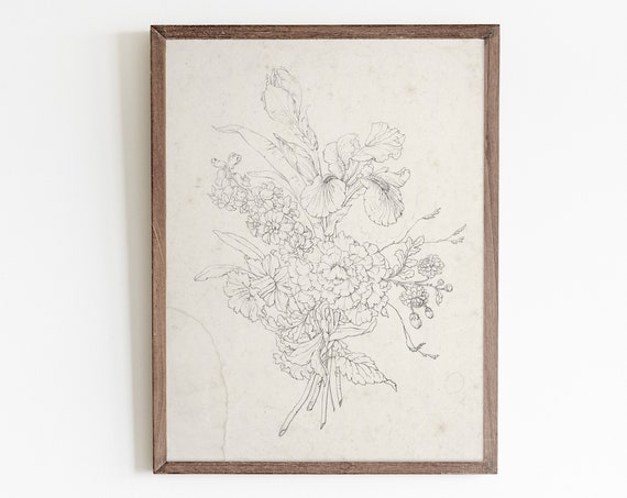 Vintage Bouquet Sketch, Antique Floral Art Print