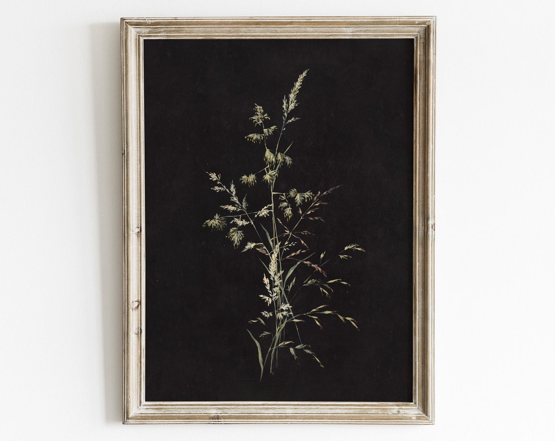 Vintage Botanical Grass Art Print, Dark Academia Floral