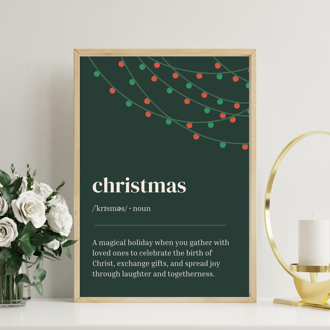 Christmas Funny Definition Dark Green Holiday String Lights Print - Image 3