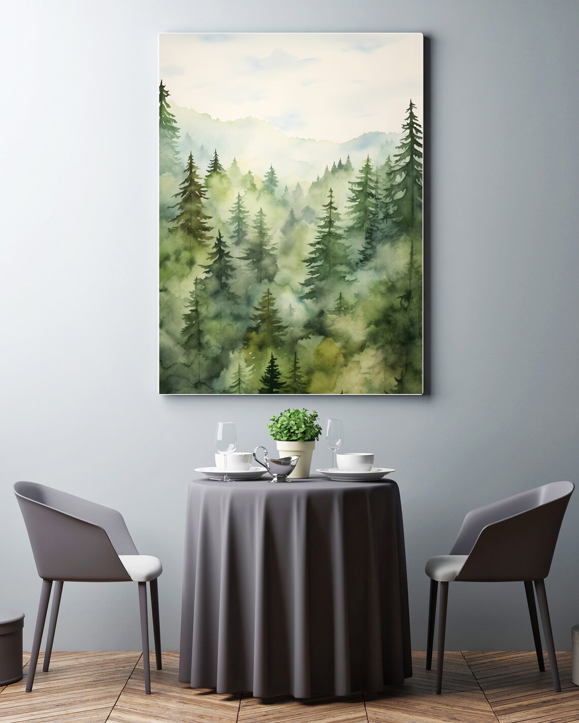Misty Green Valley Pine Forest Watercolor Painting Poster for Peaceful Homes - Image 4