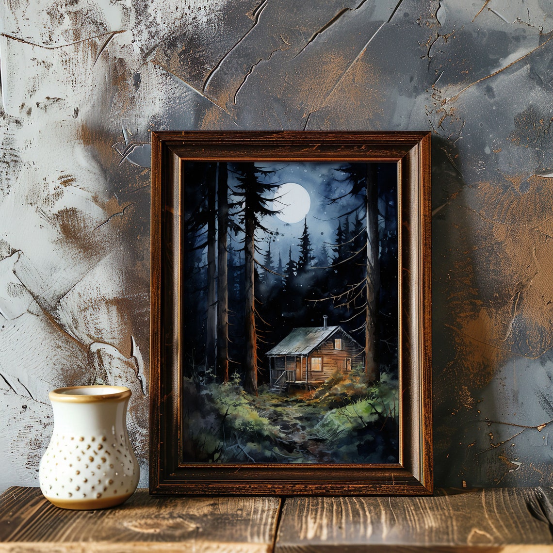 Moonlit Log Cabin Pine Forest Night Watercolor Rustic Cozy Poster - Image 3