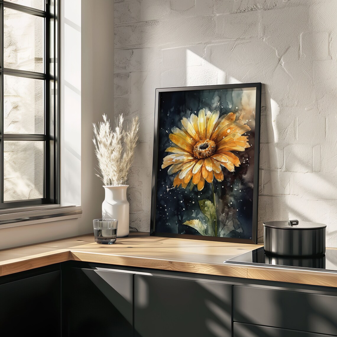 Yellow Daisy Flower Watercolor Bold Dark Floral Scene Poster - Image 3