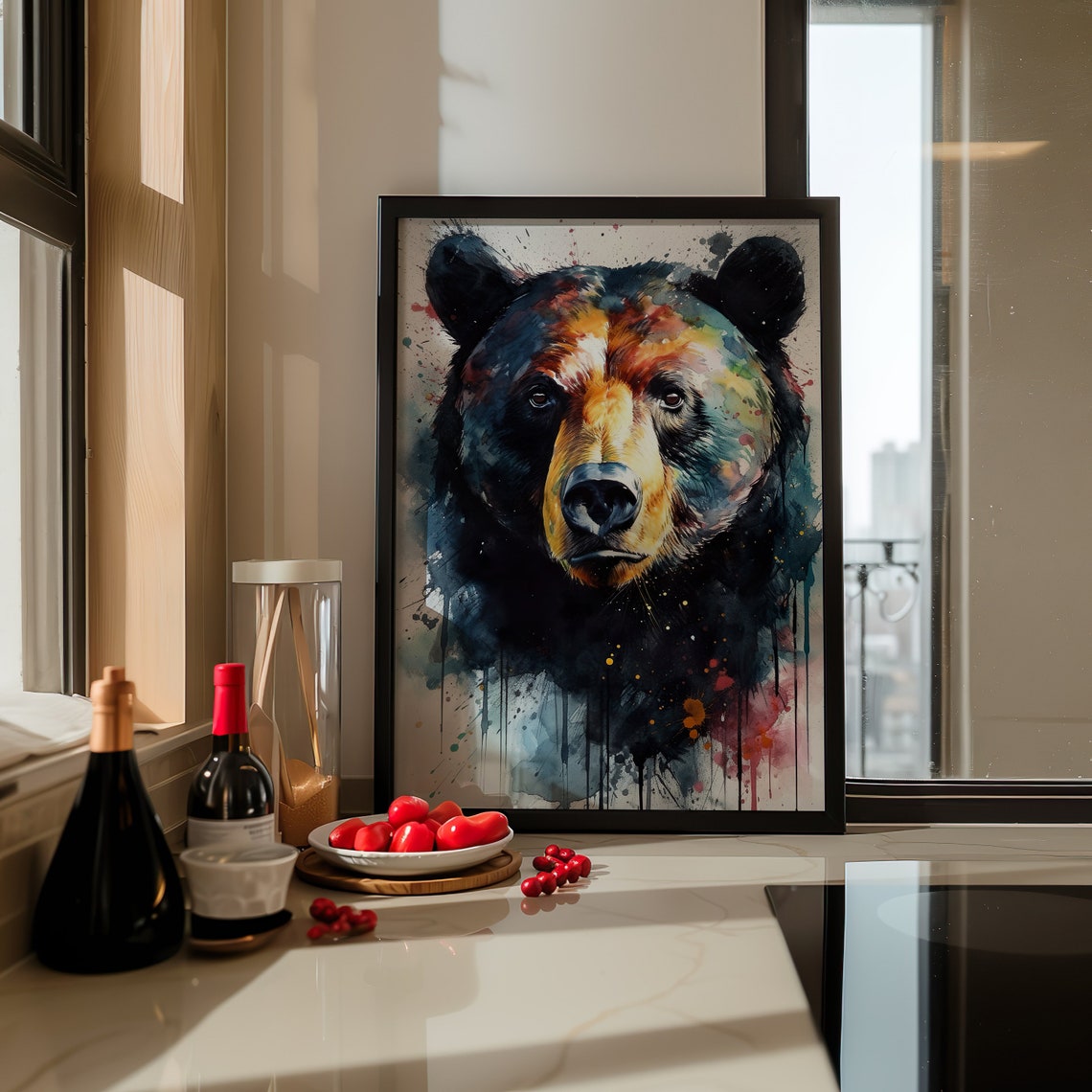 Black Bear Portrait Watercolor Splash Dark Wildlife Art Poster - Image 4