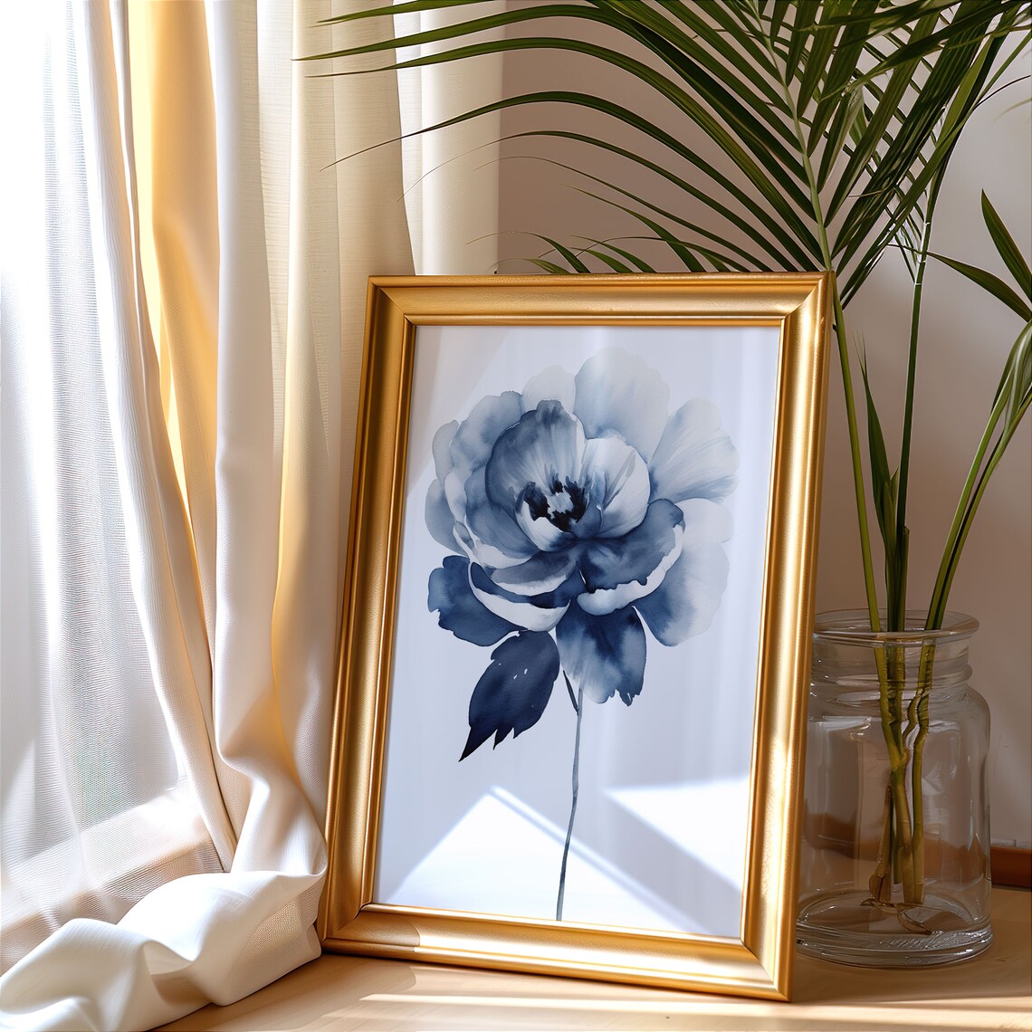 Dusty Blue Peony Watercolor Large Blossom Minimalist Floral Art Poster - Image 3