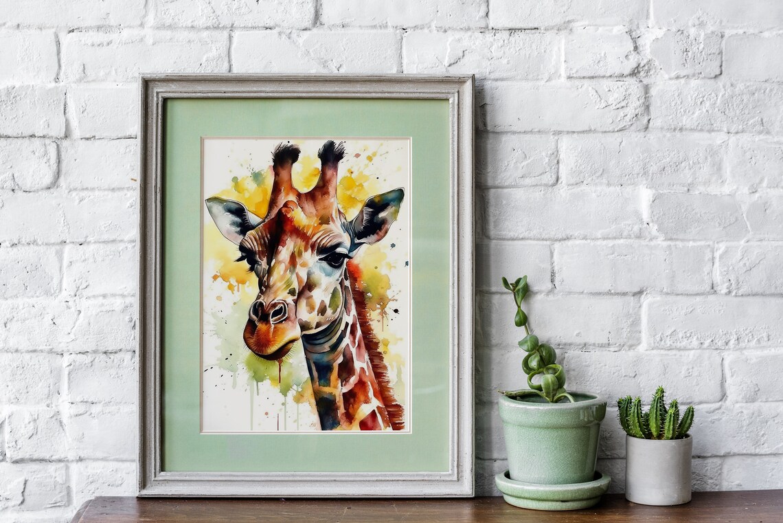 Giraffe Watercolor Portrait Yellow Splash Safari Animal Poster - Image 5