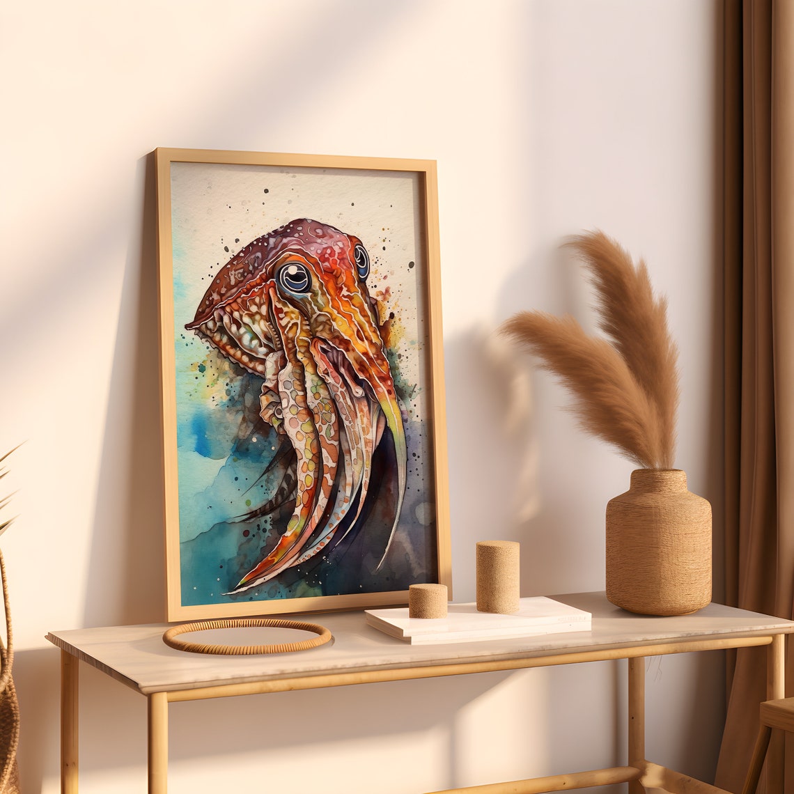 Fiery Orange Cuttlefish Watercolor Sea Creature Marine Art Poster - Image 3