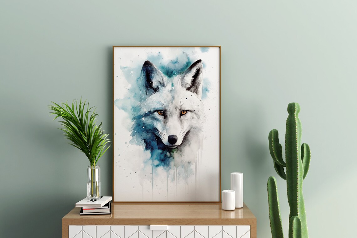 Arctic Fox Portrait Icy Blue Watercolor Winter Animal Poster - Image 4