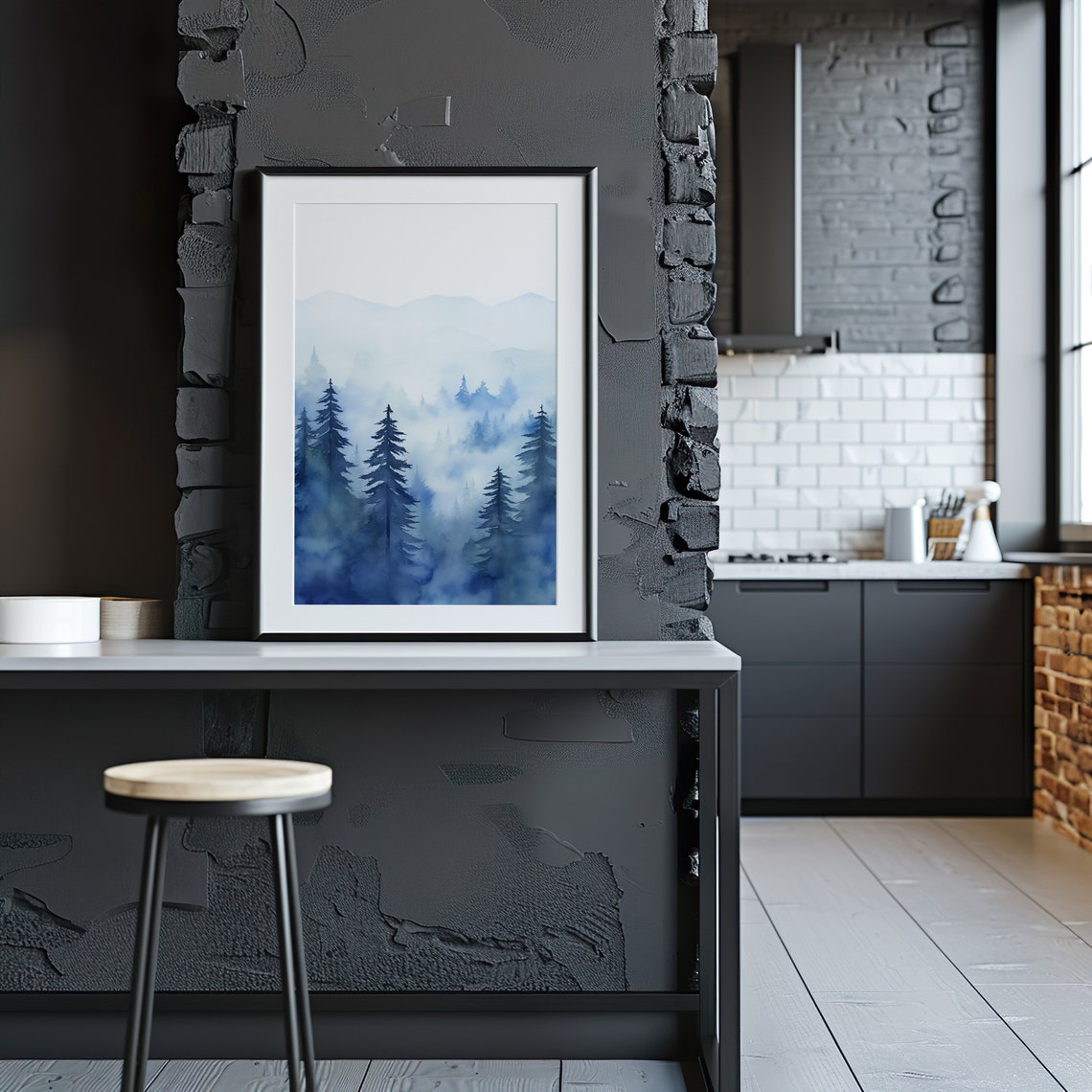 Blue Misty Pine Forest Watercolor Layered Mountain Landscape Poster - Image 5