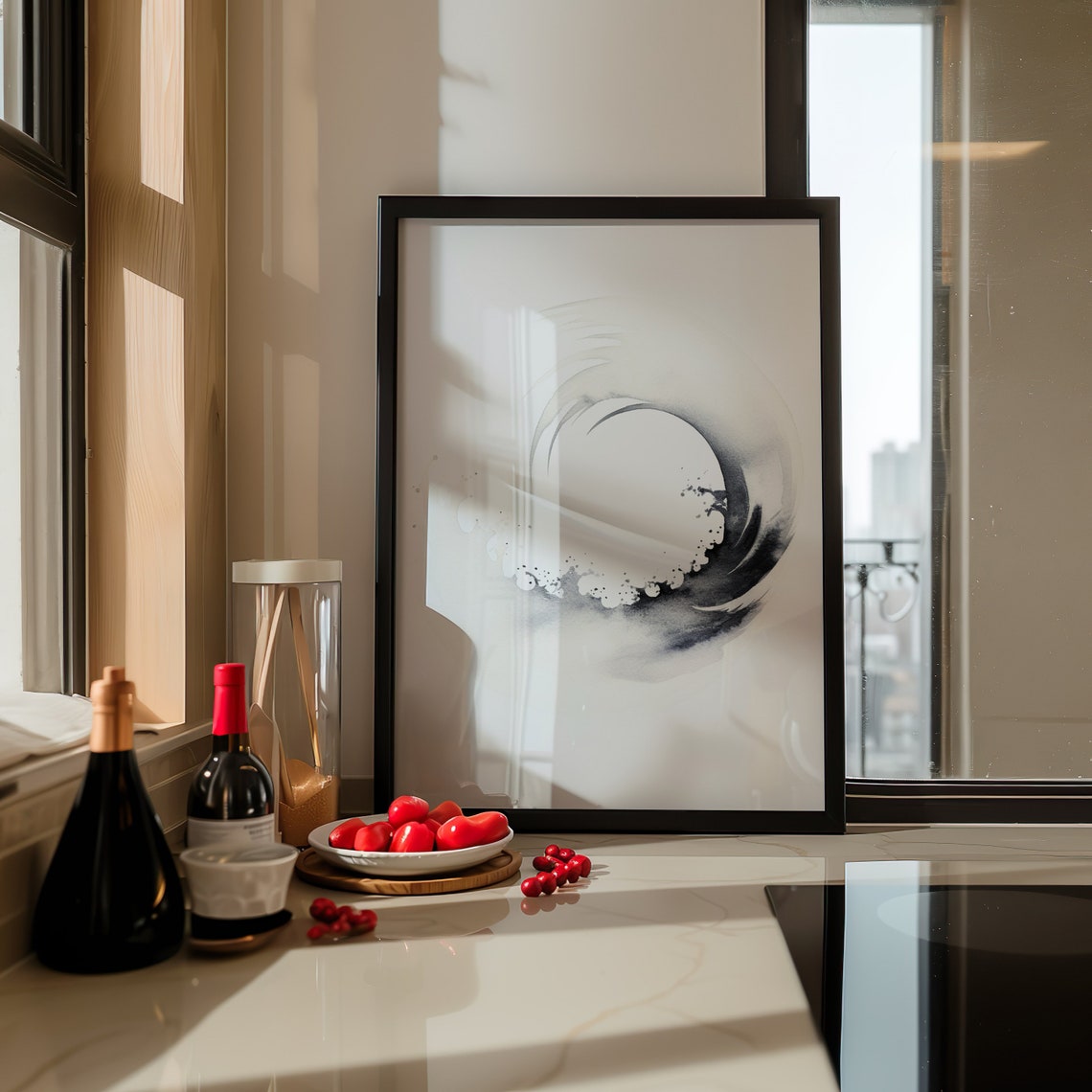 Monochrome Wave Enso Circle Gray Watercolor Calm Zen Wall Poster - Image 3