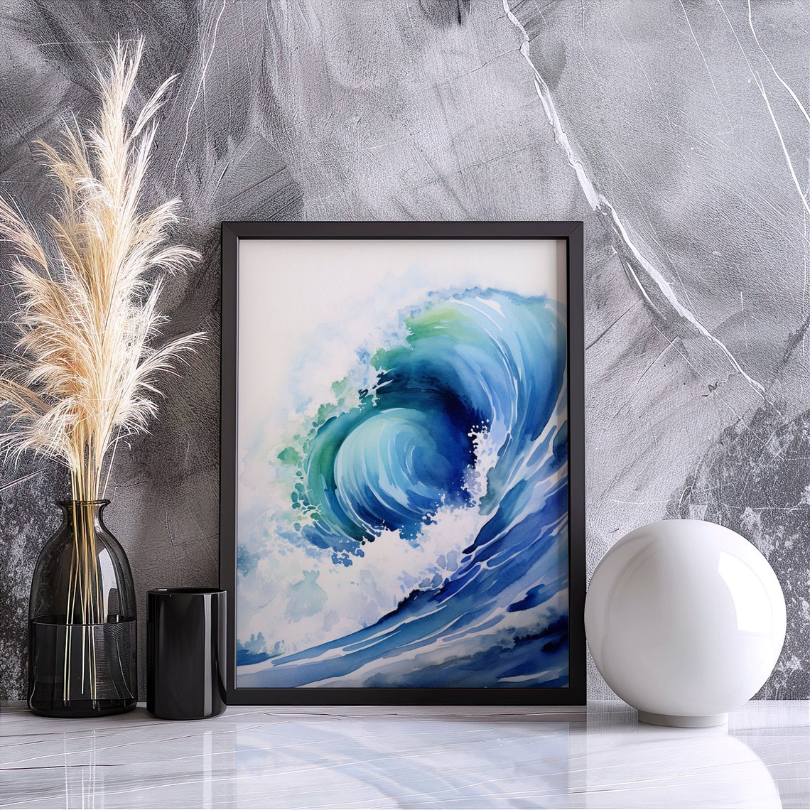 Breaking Ocean Wave Watercolor Blue Swirl Surfing Decor Poster - Image 5