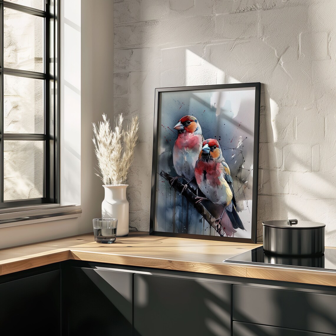 Red Finch Birds Watercolor Perched Branch Songbird Art Poster - Image 3