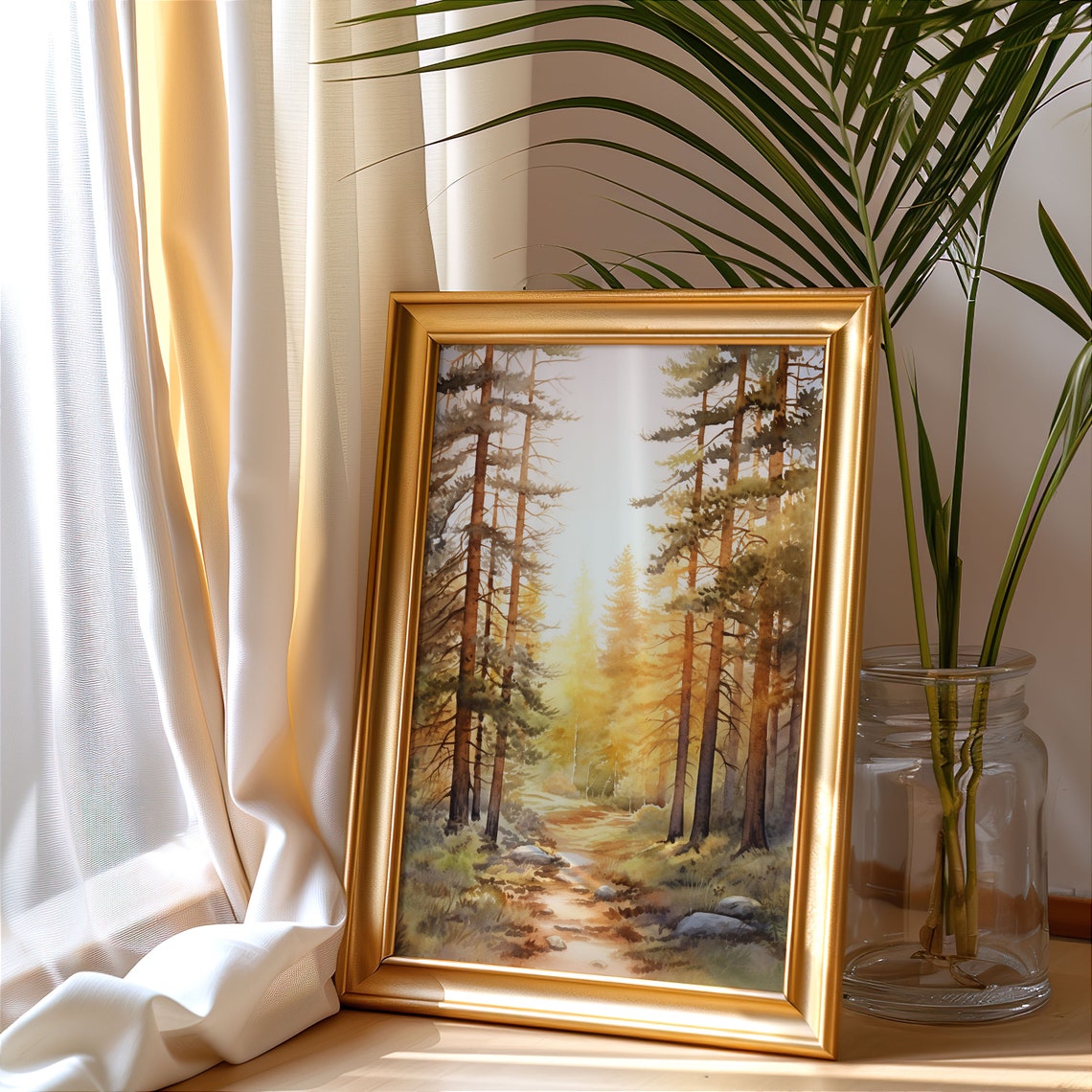 Golden Sunrise Pine Forest Warm Light Watercolor Woodland Poster - Image 3