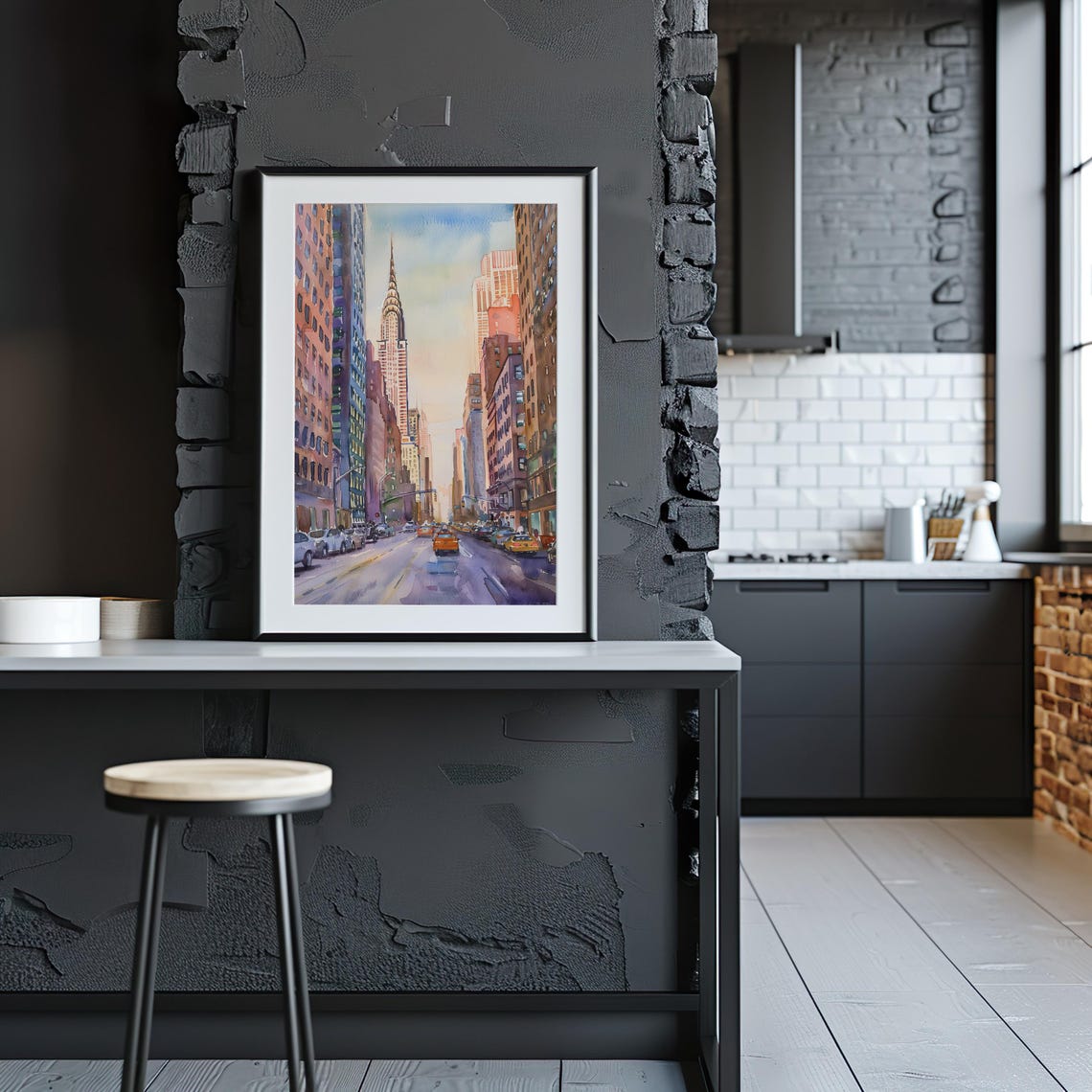 New York City Watercolor Chrysler Building Taxi Street Scene Poster - Image 2