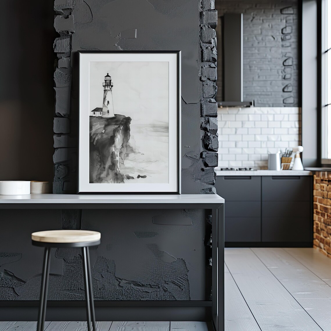 Monochrome Lighthouse on Rocky Cliff Watercolor Painting Poster for Coastal Decor - Image 3