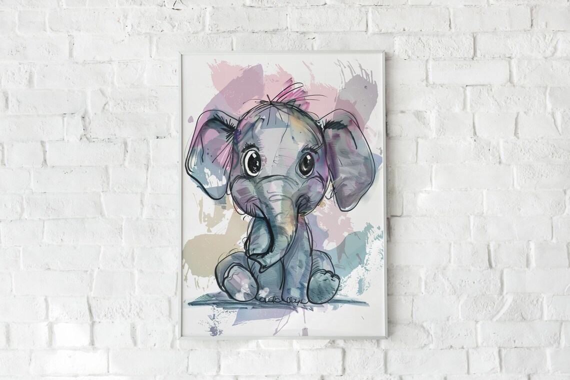 Baby Elephant Watercolor Nursery Cute Kids Room Sweet Art Poster - Image 3