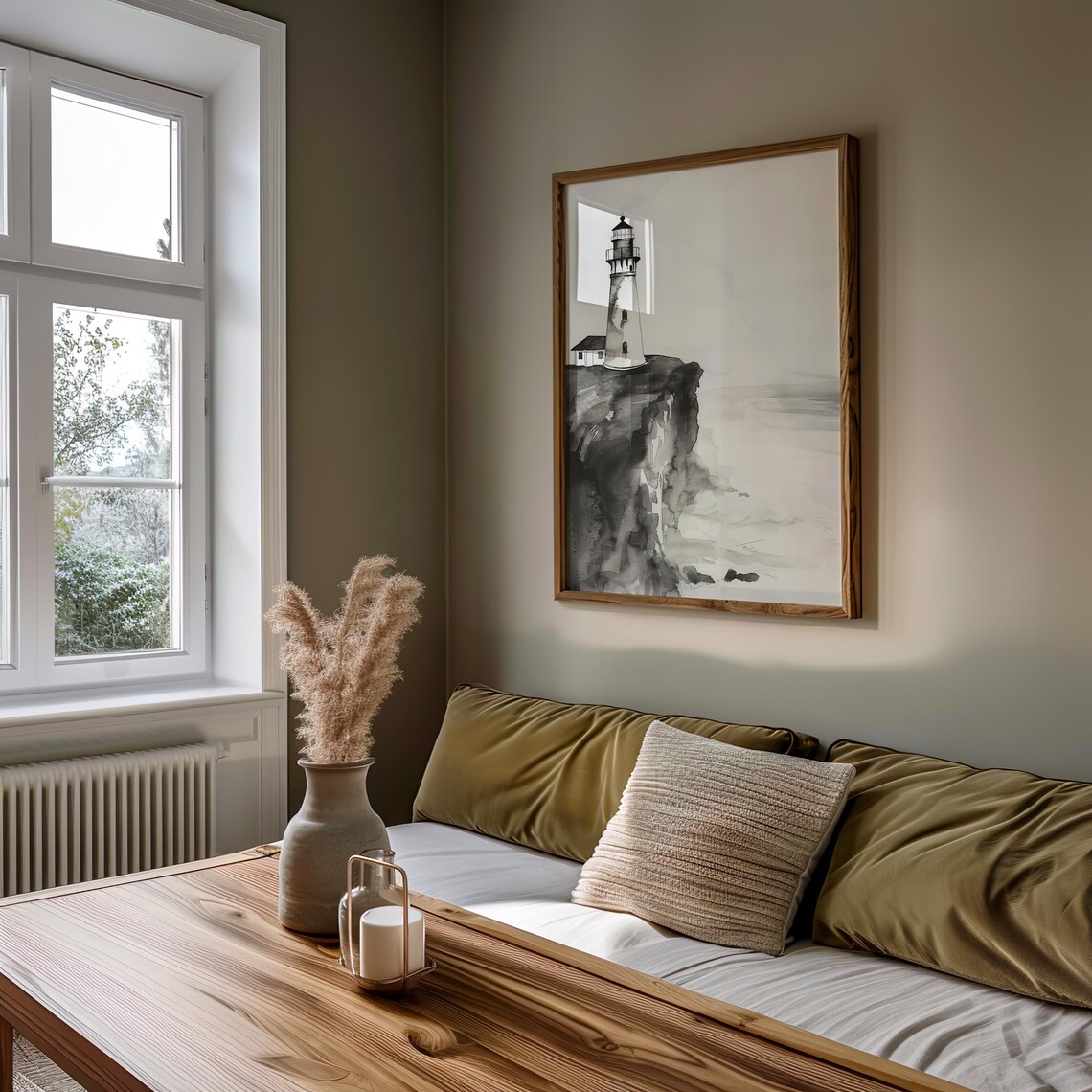 Monochrome Lighthouse on Rocky Cliff Watercolor Painting Poster for Coastal Decor - Image 5