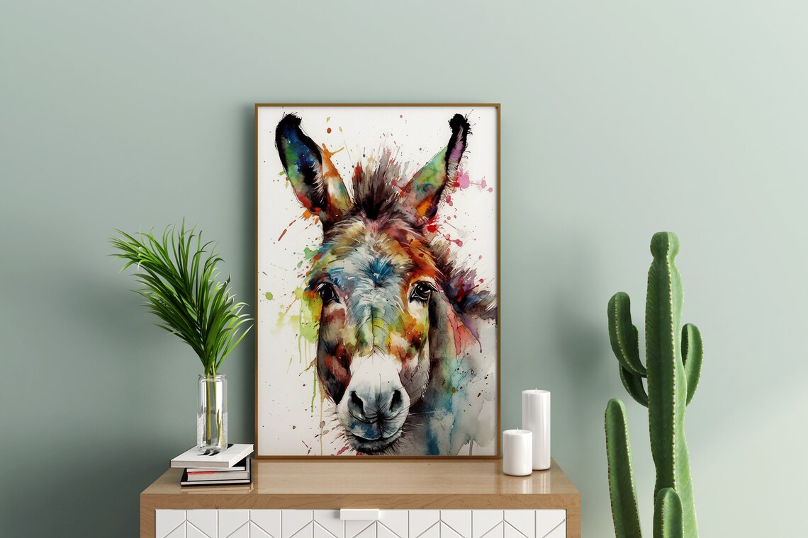 Colorful Donkey Watercolor Farm Animal Splash Portrait Art Poster - Image 3