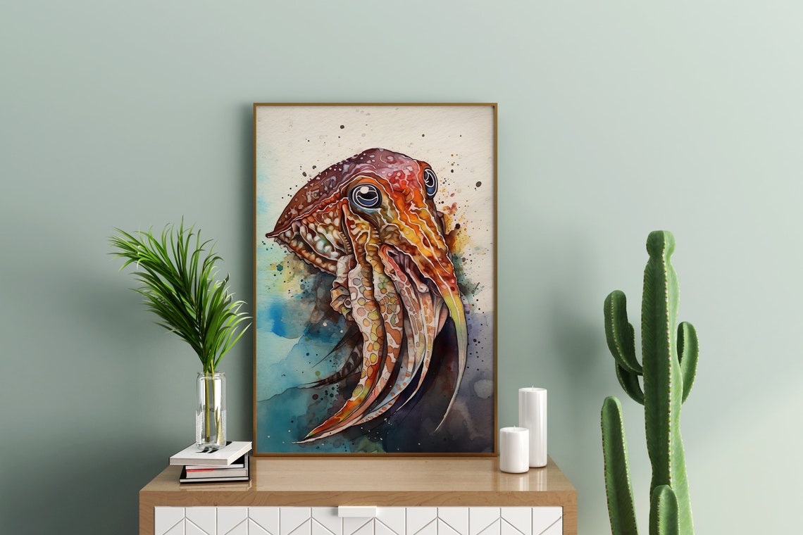 Fiery Orange Cuttlefish Watercolor Sea Creature Marine Art Poster - Image 5