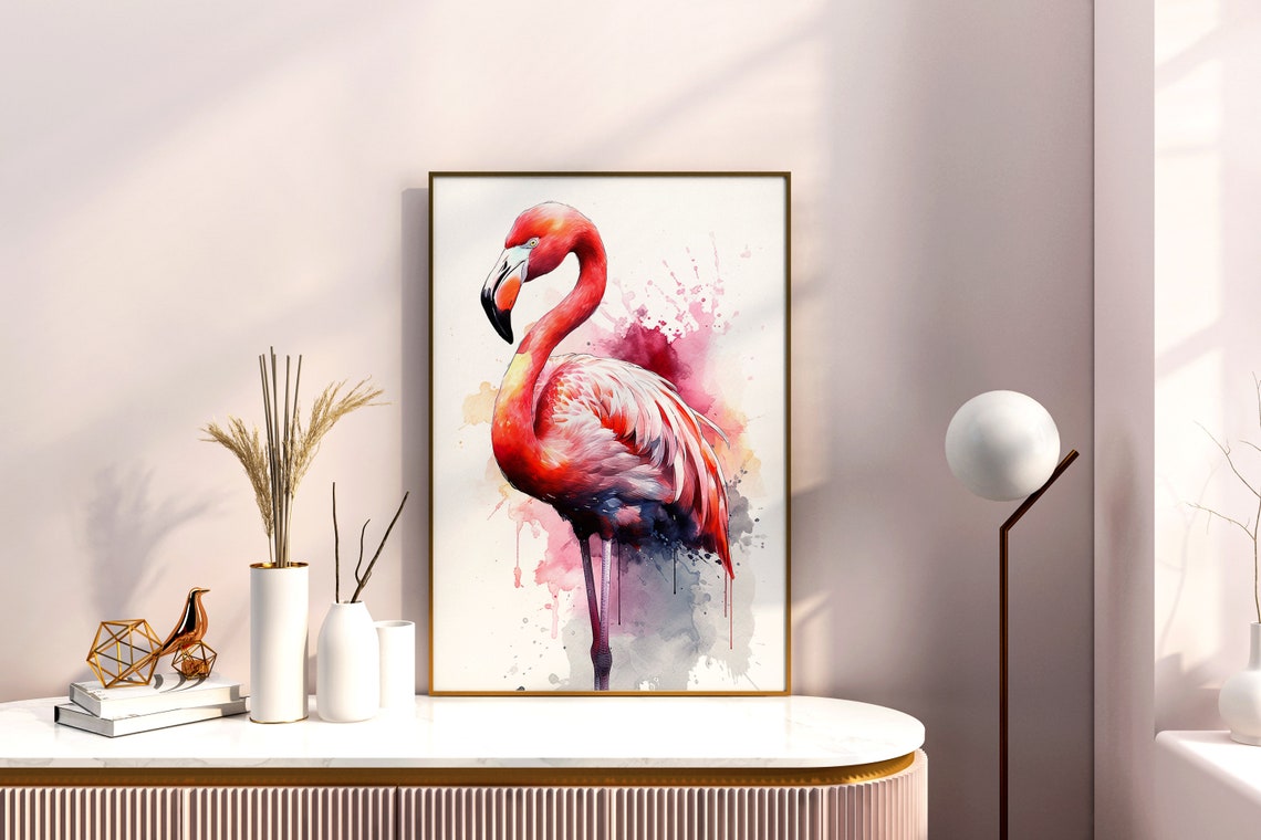 Flamingo Watercolor Portrait Pink Tropical Bird Splash Poster - Image 3