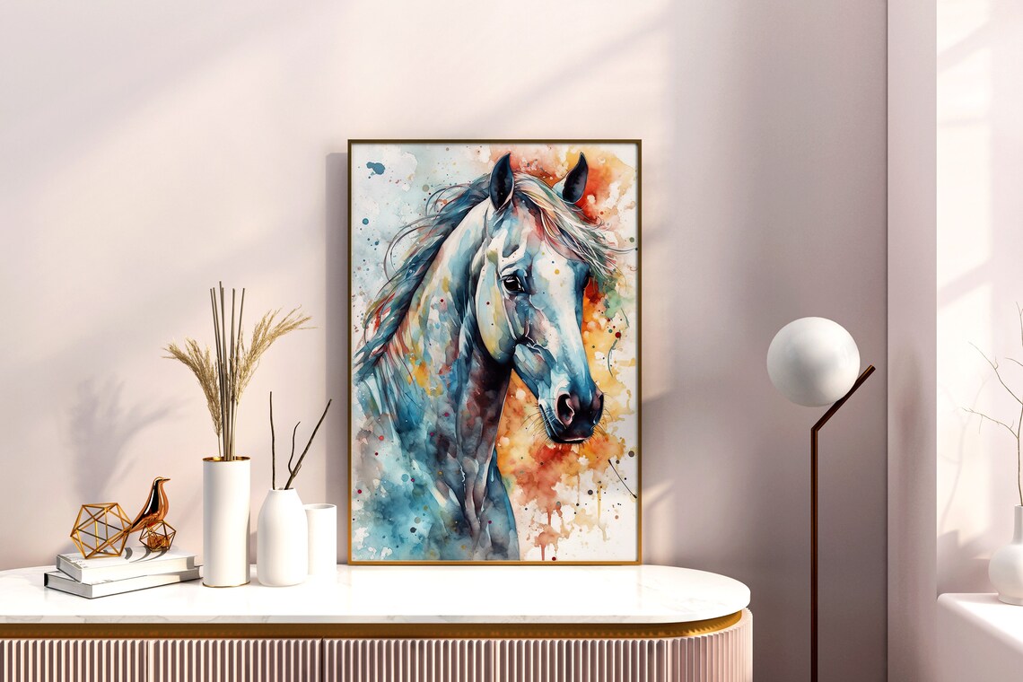 Blue Horse Watercolor Portrait Colorful Equine Animal Art Poster - Image 5