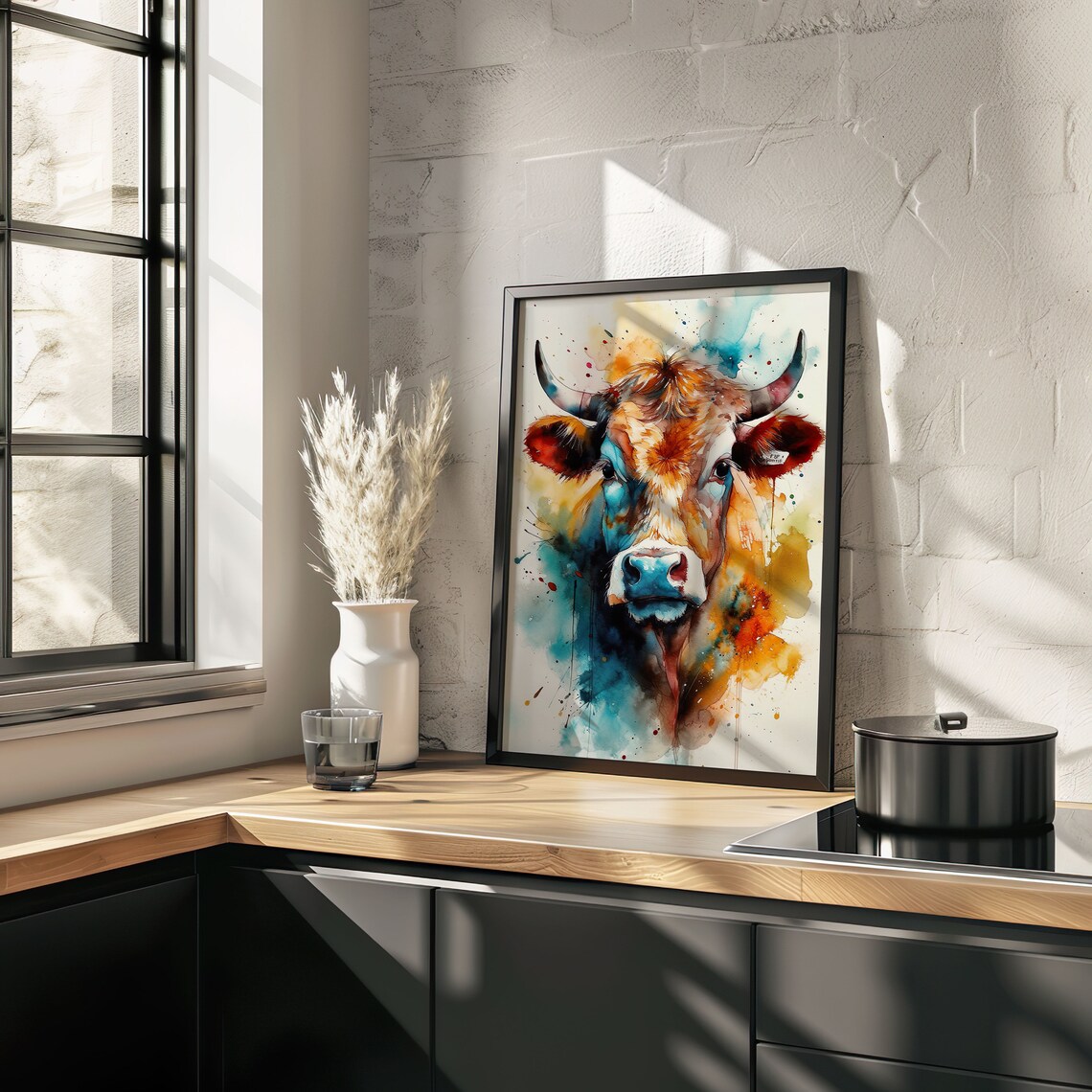 Brown Cow Watercolor Portrait Colorful Farm Animal Art Poster - Image 3