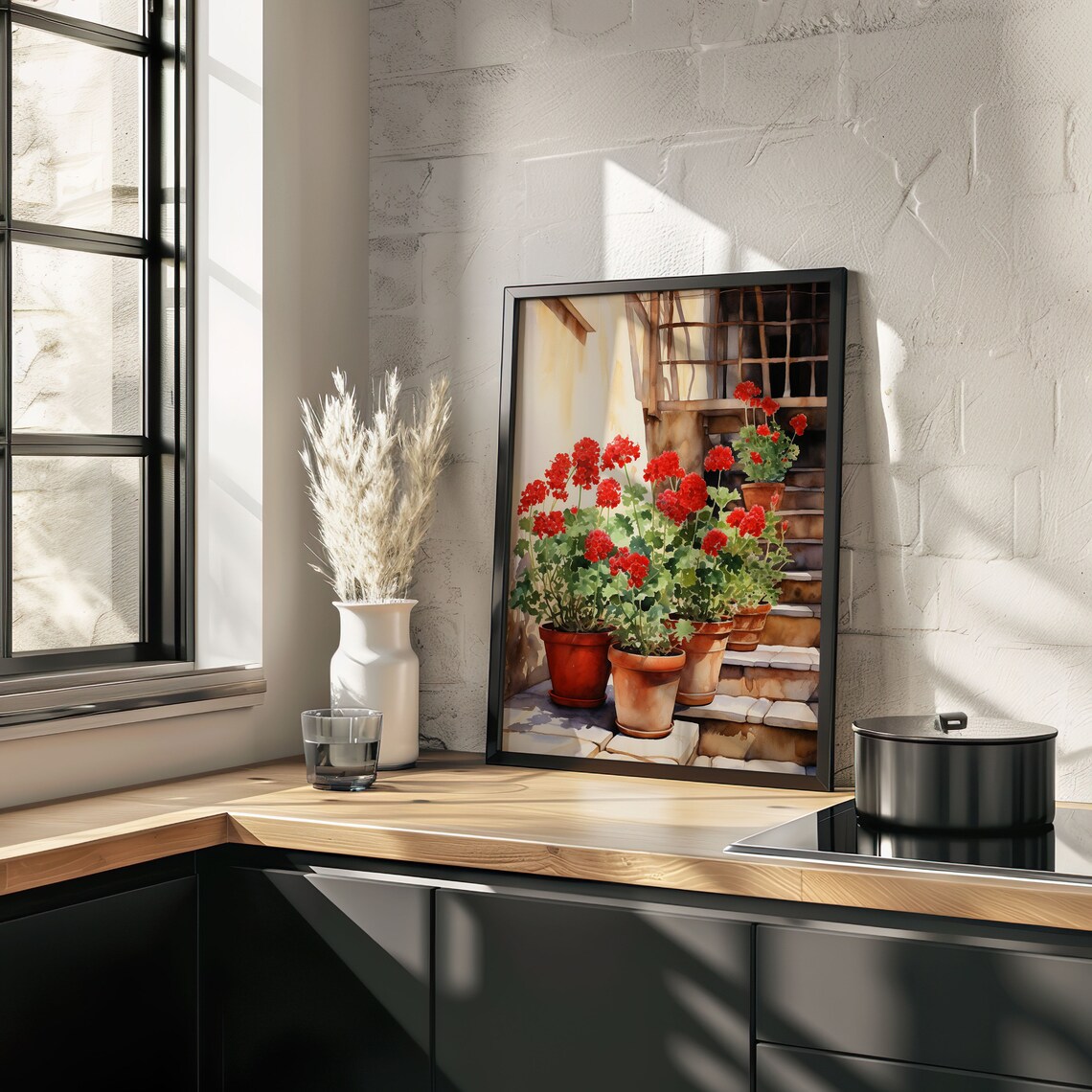 Red Geraniums Watercolor Terracotta Pots Floral Scene Art Poster - Image 4