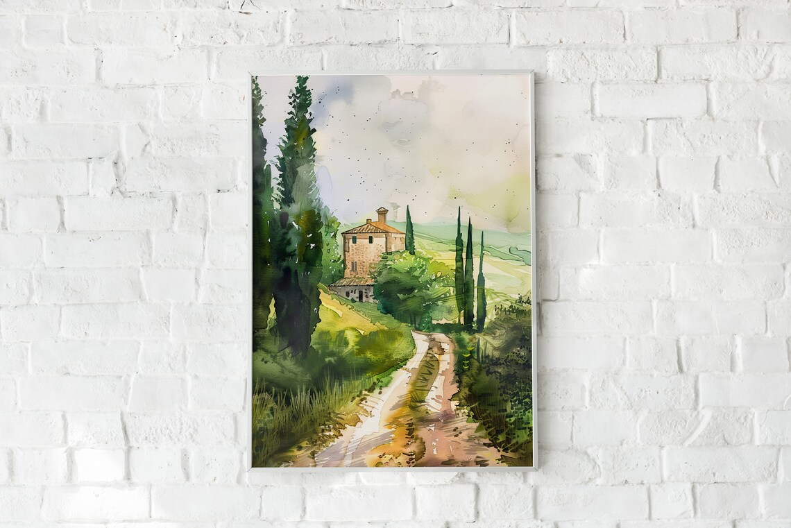 Tuscan Country Road Watercolor Cypress Villa Landscape Art Poster - Image 2