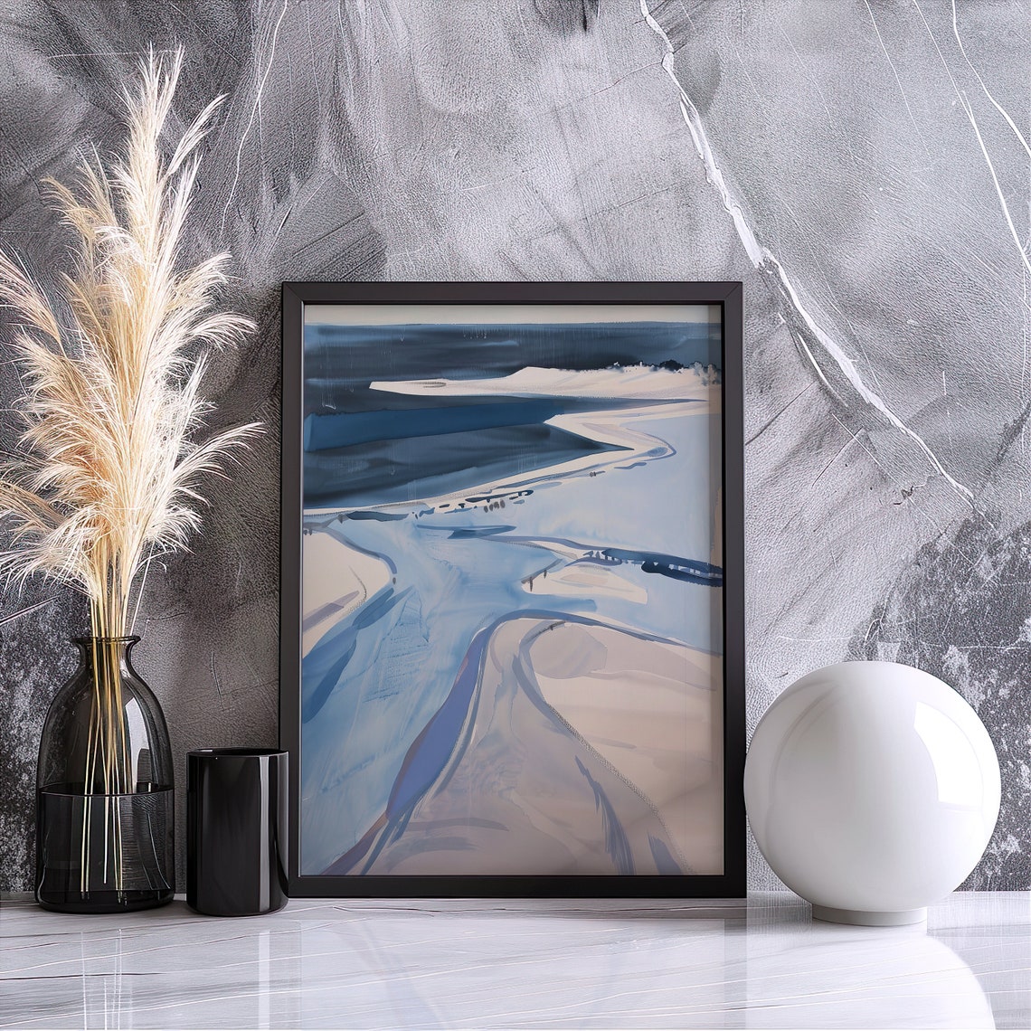 Abstract Blue Coastline Watercolor Estuary Minimal Art Poster - Image 3