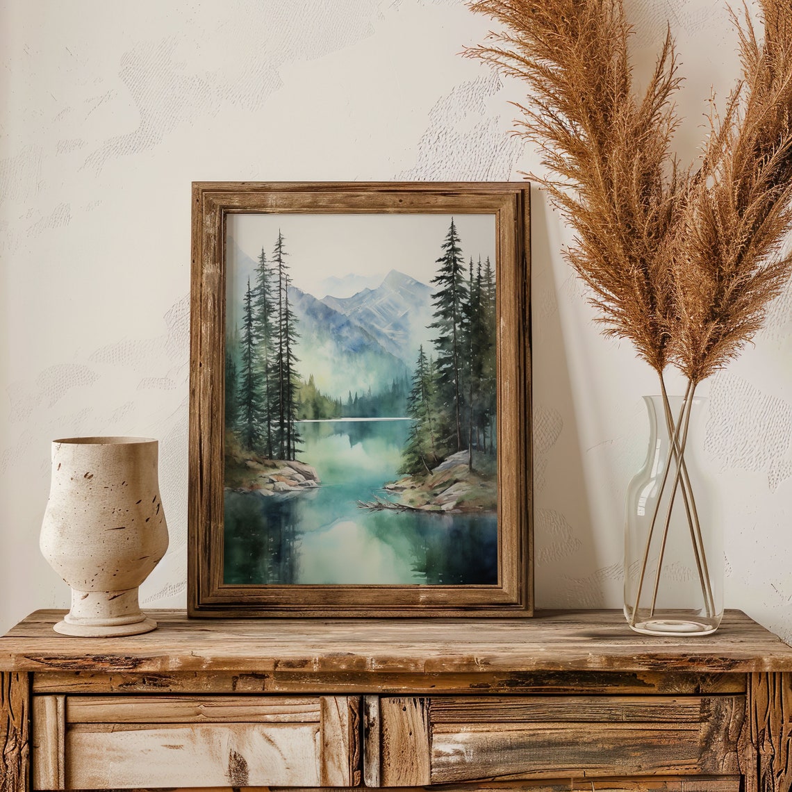 Misty Green Mountain Lake Pine Forest Reflections Watercolor Poster - Image 3