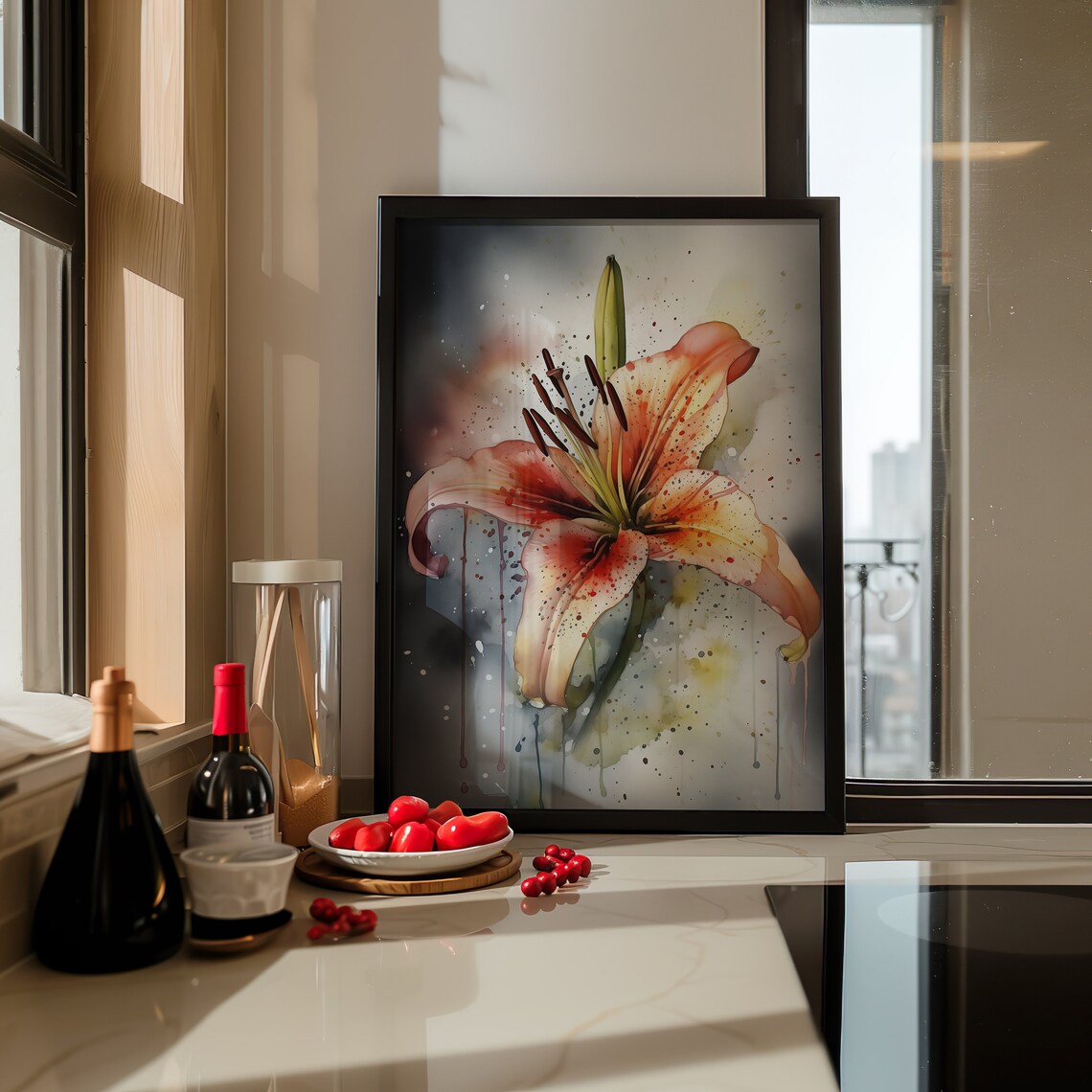 Peach Lily Watercolor Close Up Speckled Petals with Paint Drips Art Poster - Image 5