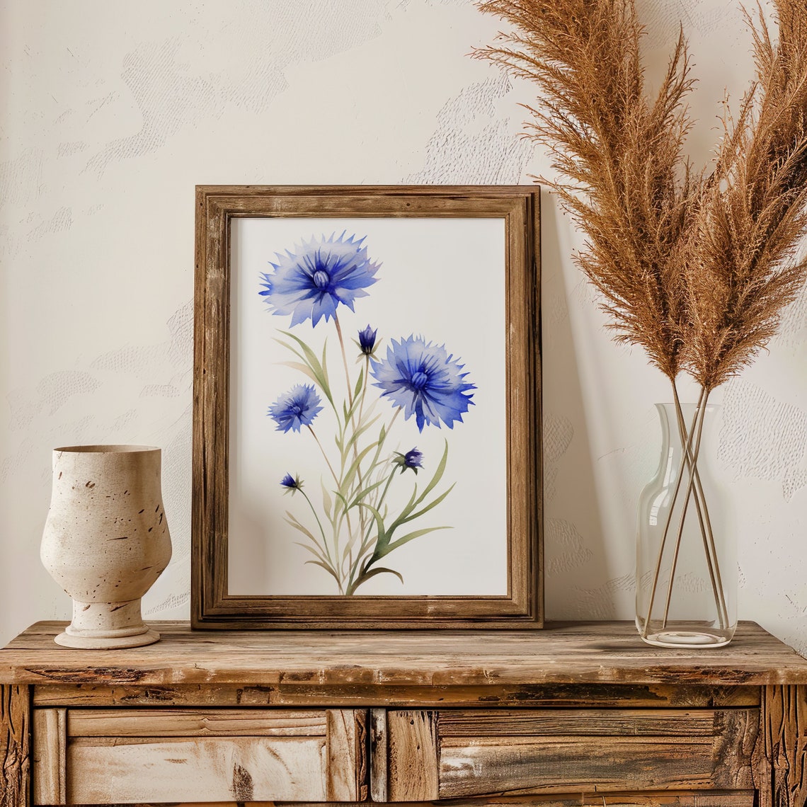 Blue Cornflower Stem Bouquet Watercolor Botanical Art Poster - Image 3