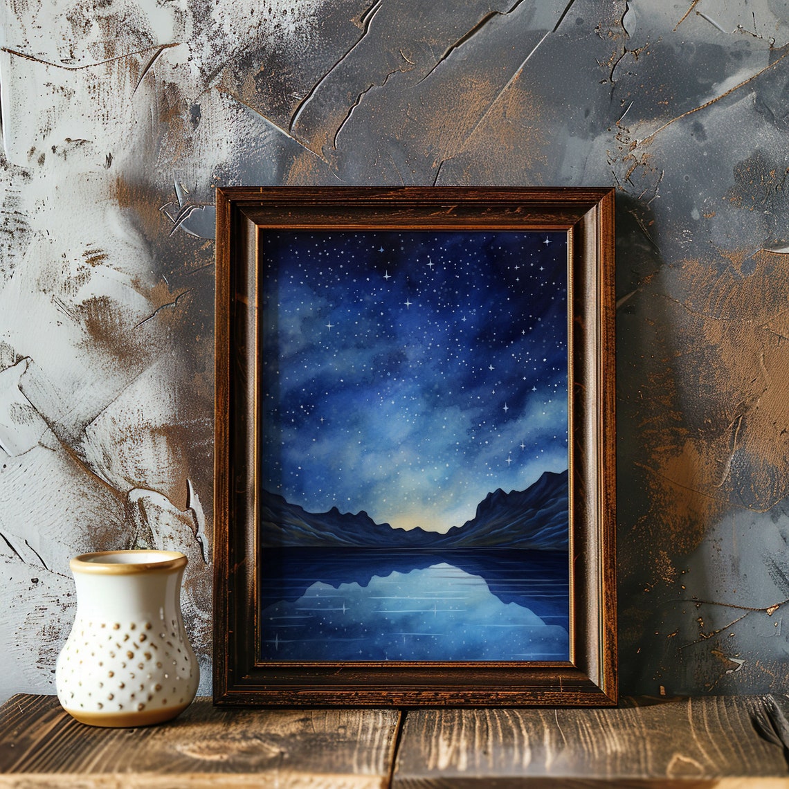 Starry Night Sky Over Mountain Lake Reflective Nature Art Poster - Image 5