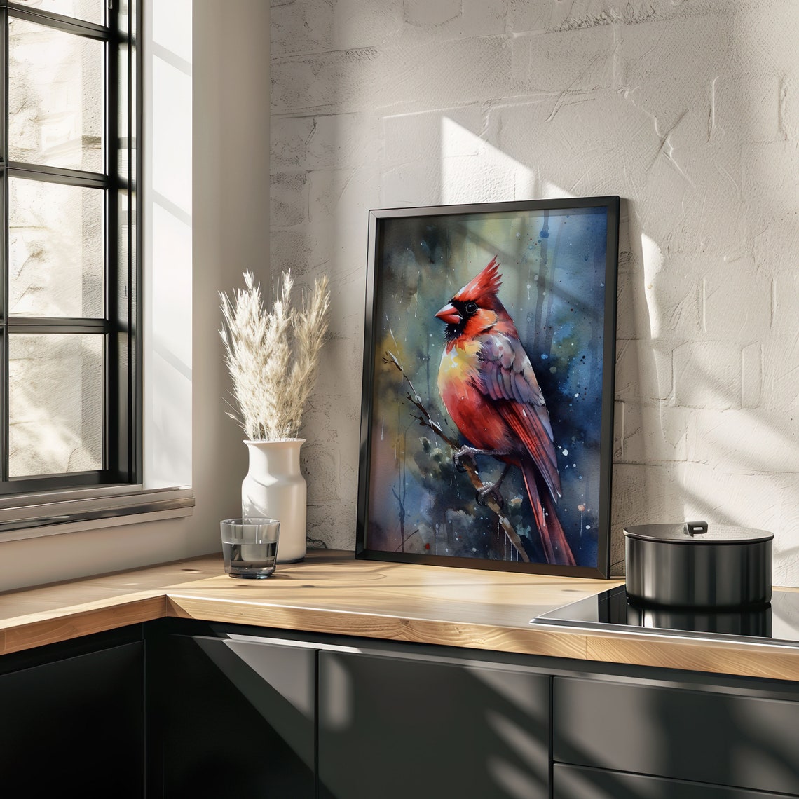 Red Cardinal Bird Watercolor Perched Winter Songbird Art Poster - Image 4
