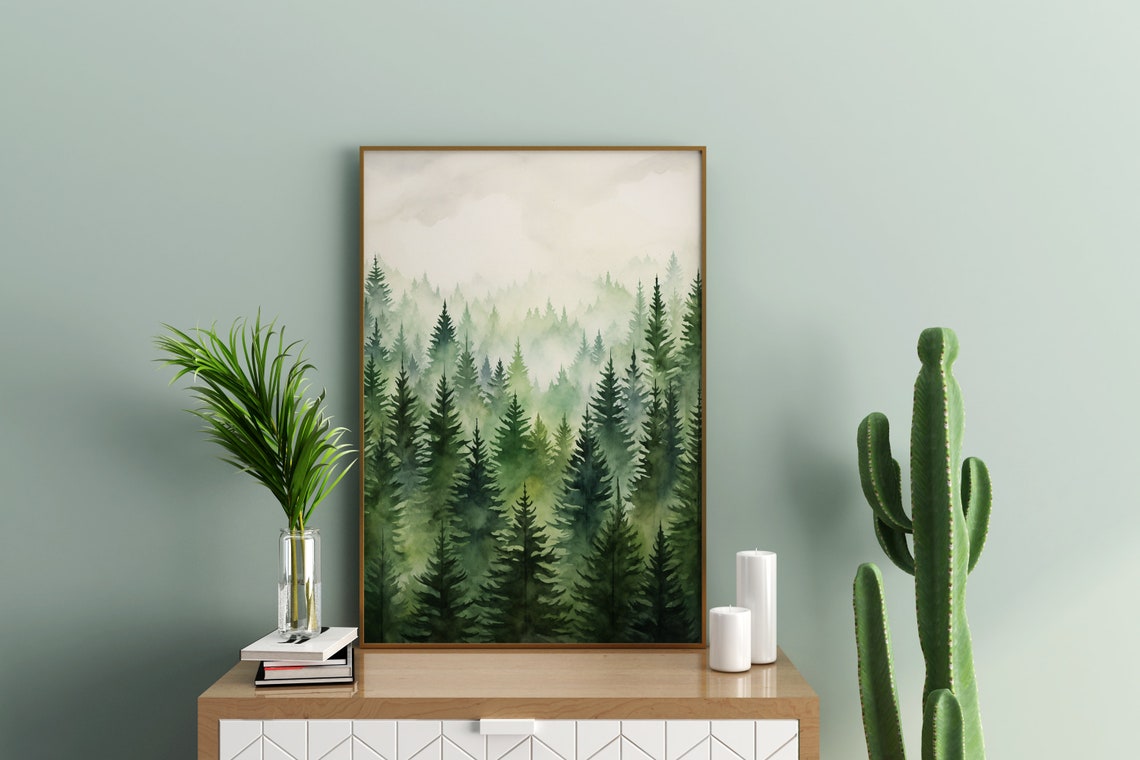 Dense Misty Pine Forest Watercolor Painting Poster for Nature Rooms - Image 5