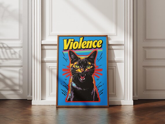 Violence Funny Hissing Black Cat Pop Art Style Bold Color Poster