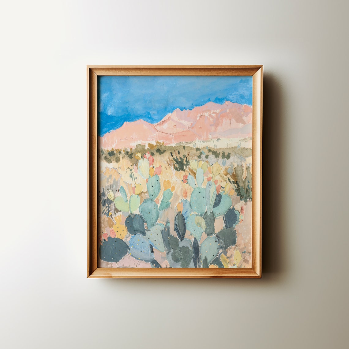 Colorful Desert Cactus Landscape with Pink Mountain Peaks Poster