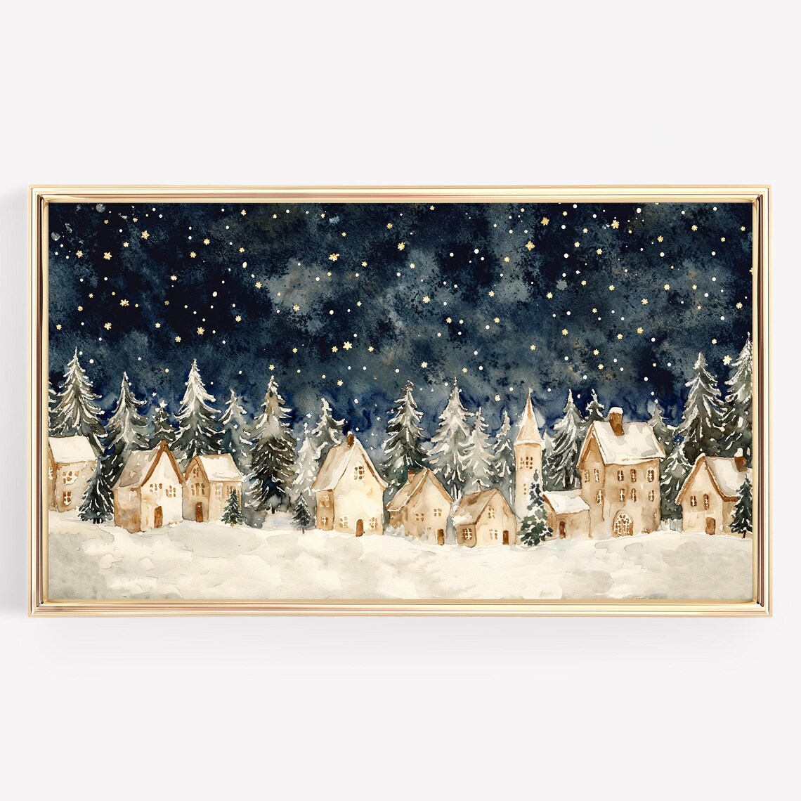 Snowy Christmas Village Watercolor Night Scene Holiday Poster