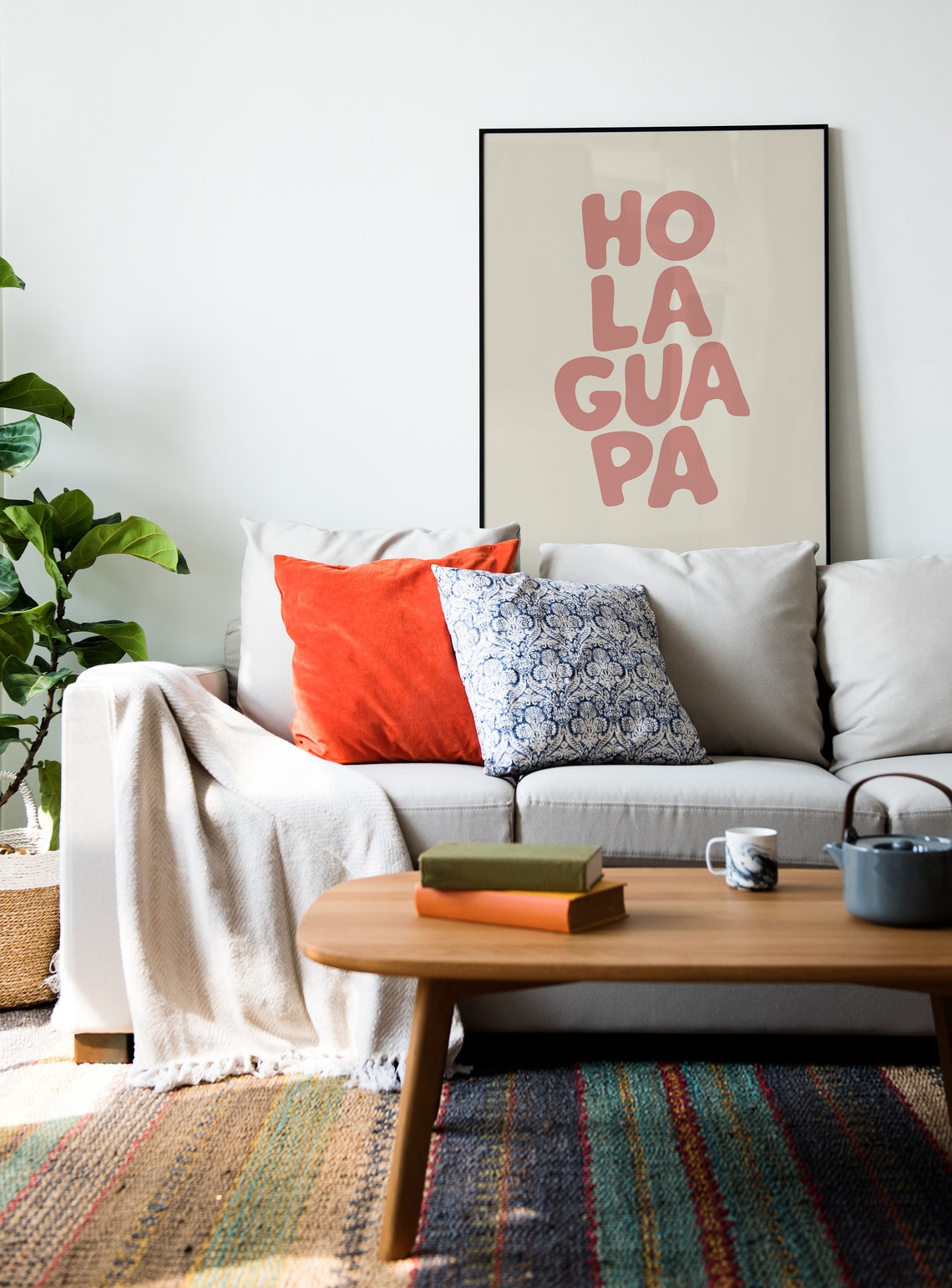 Hola Guapa Rose Pink Stacked Lettering Cream Spanish Minimalist Poster - Image 2